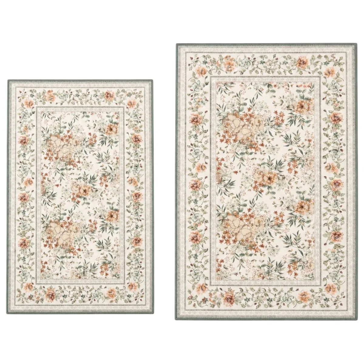 2-Piece Floral Rug Set | Anti-Slip Soft Mats | 50cm x 84cm & 60cm x 102cm - Cream Peach Green