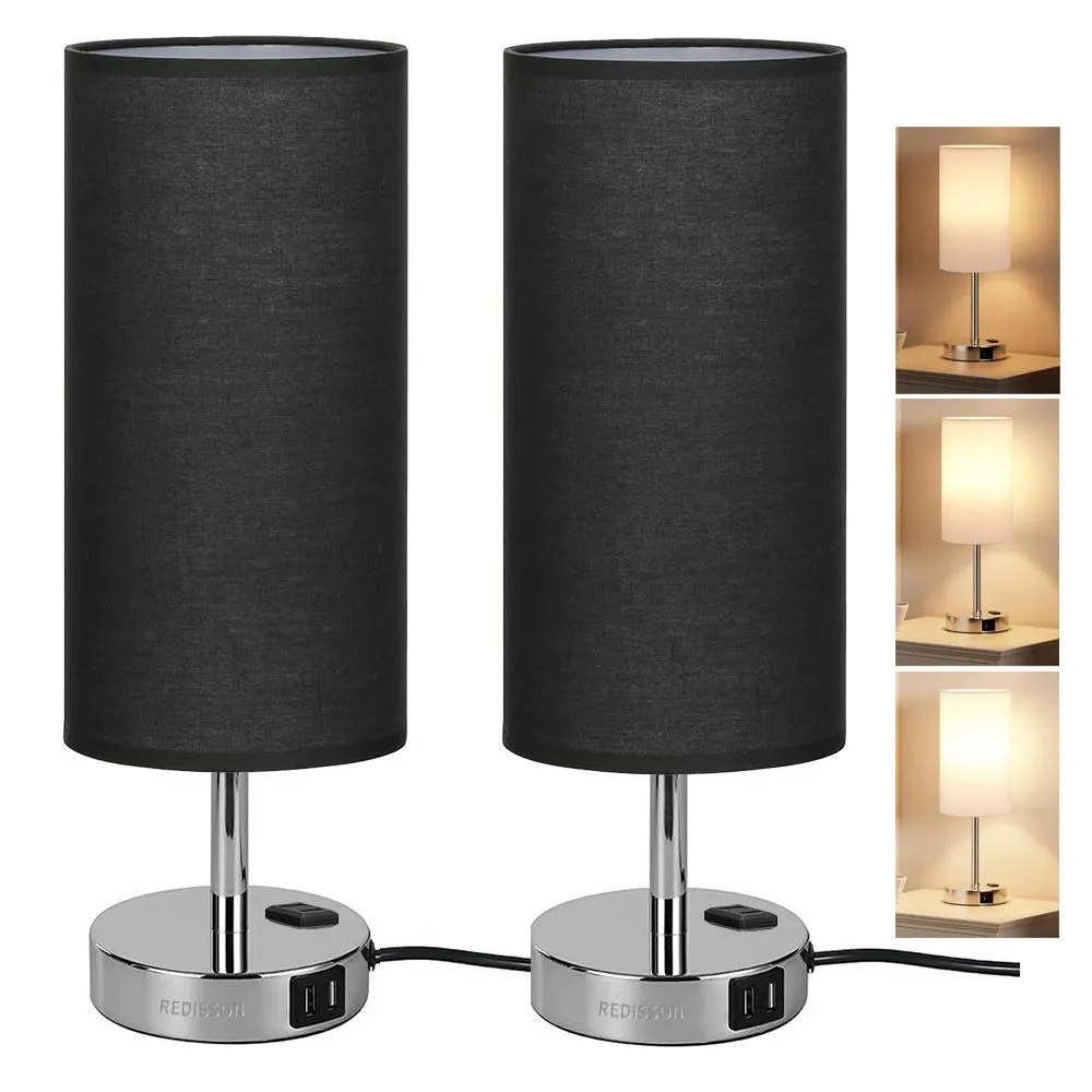 Bedside Touch Table Lamp with AC Outlet & Dual USB-A Charging Ports 2Pcs - Black