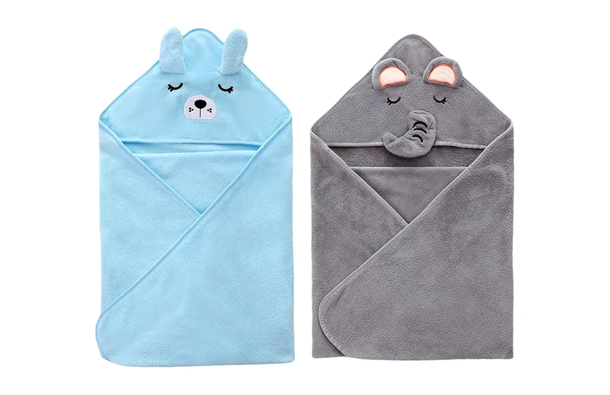 2-Pack Coral Fleece Baby Hooded Towels for Bath & Swaddle - Blue&Grey