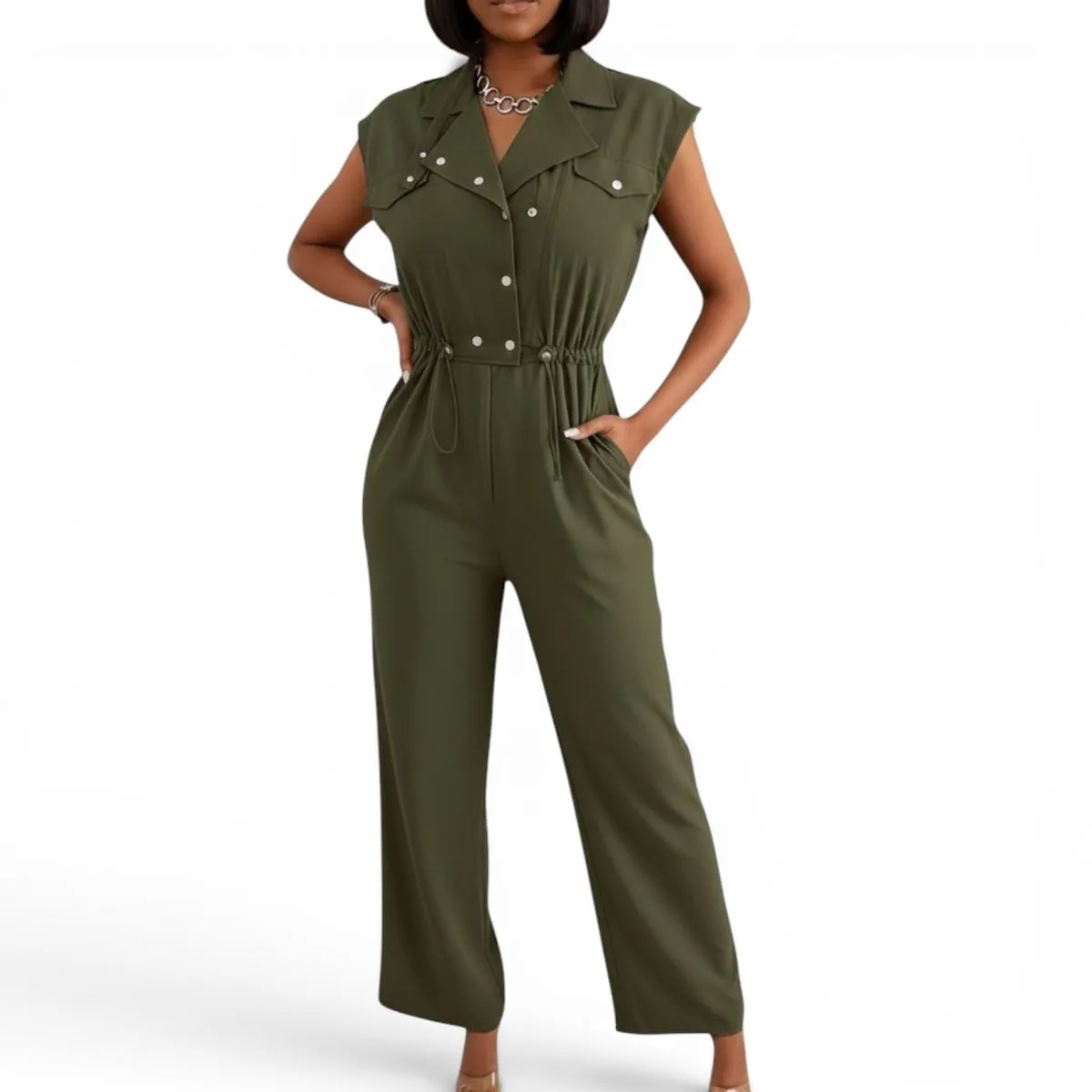 GlammeFab Elegant Button Up Casual Jumpsuit Army Green