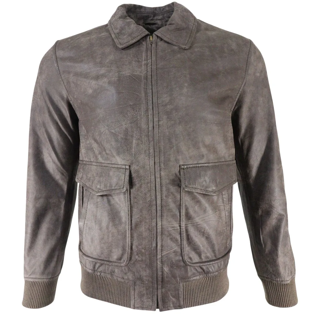 Mens Genuine Sheep Leather Regular Fit Bomber Jacket - Brown Buffed Leather