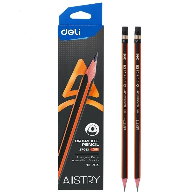 Deli Graphite Pencil w/ Eraser Triangular 2B Orange Stripe 12's