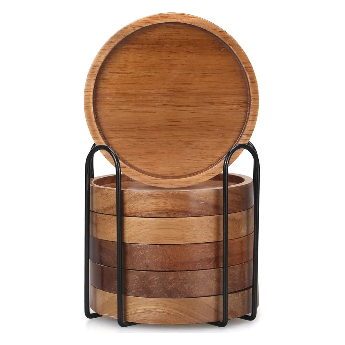 6 Piece Wooden Drink Coasters with Holder Cup Coaster for Home Dining Table