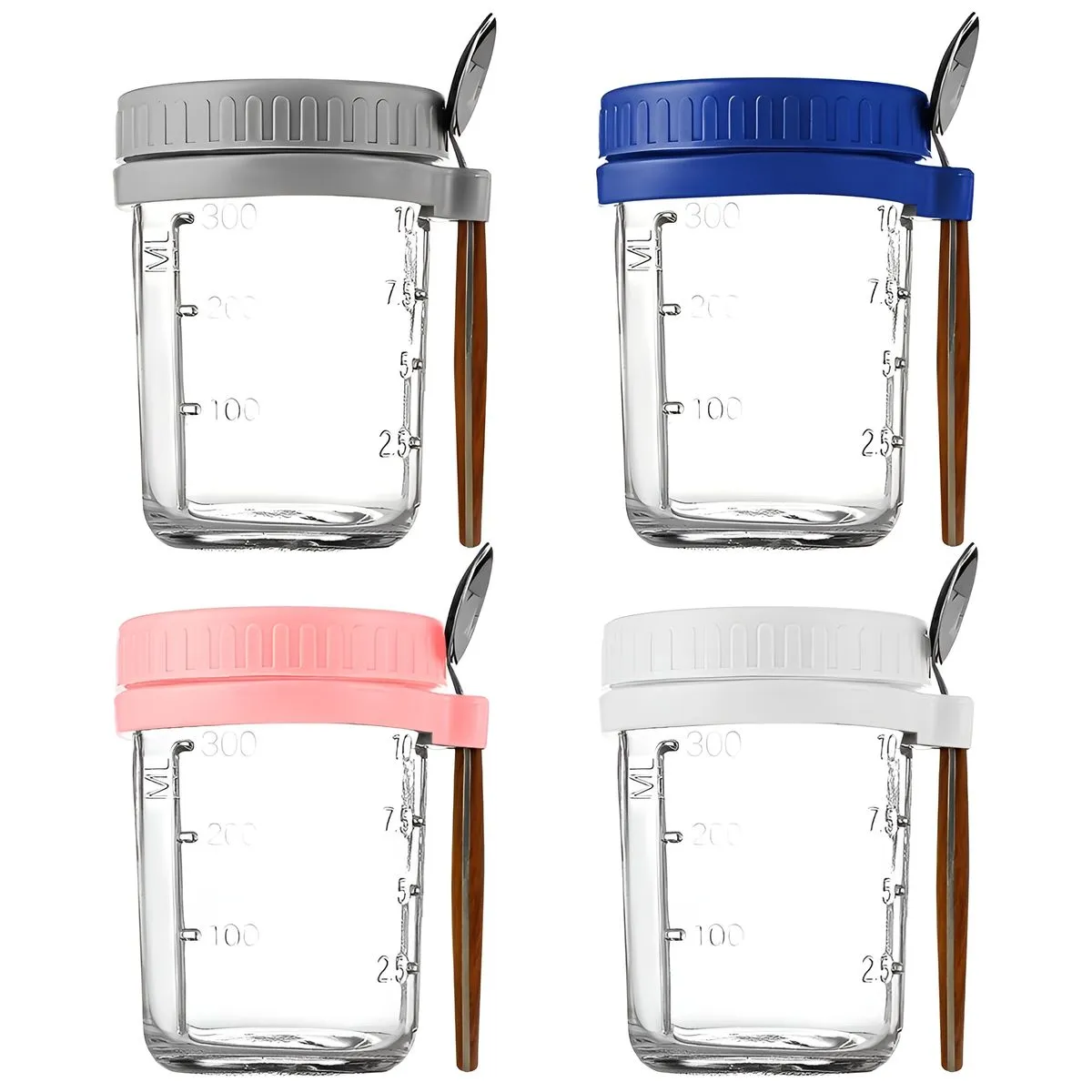 4-Piece Glass Overnight Oatmeal Cups with Spoons and Lids - Multicolor