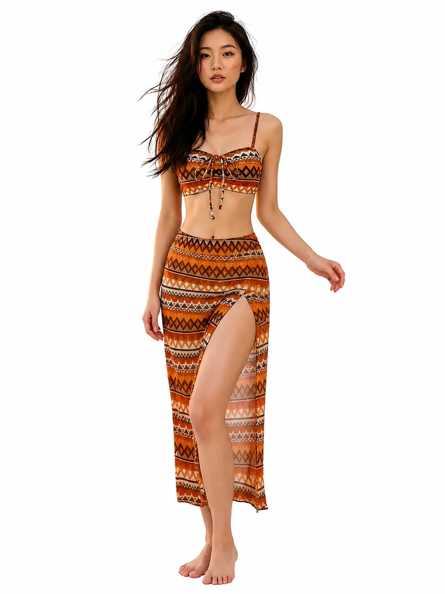 3-Pieces of Women's Boho Bikini Set with High Slit Beach Skirt Swimwear