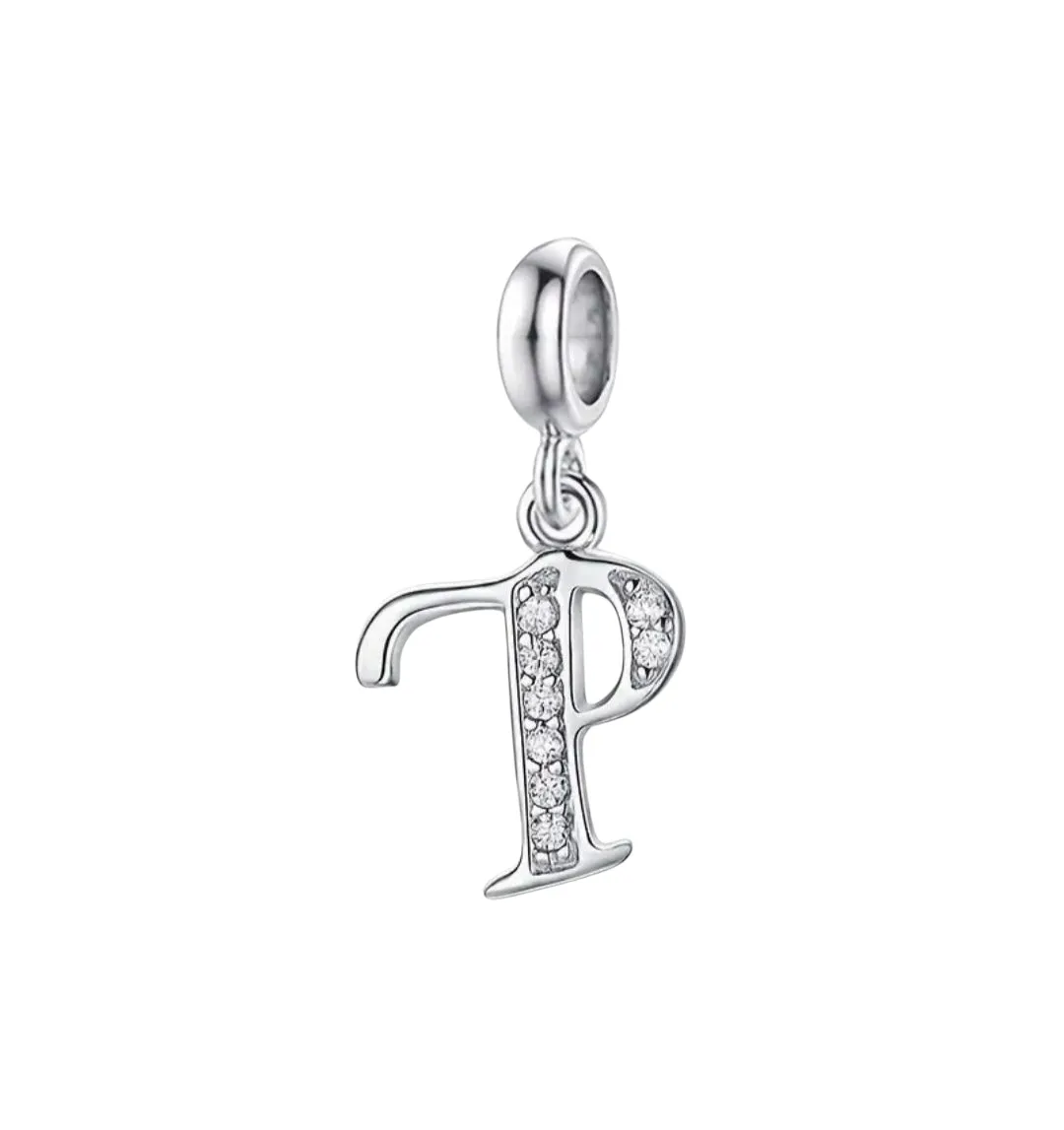 Silver Dazzling Pendant Charm ,Sparkling Alphabet Charm - Letter P