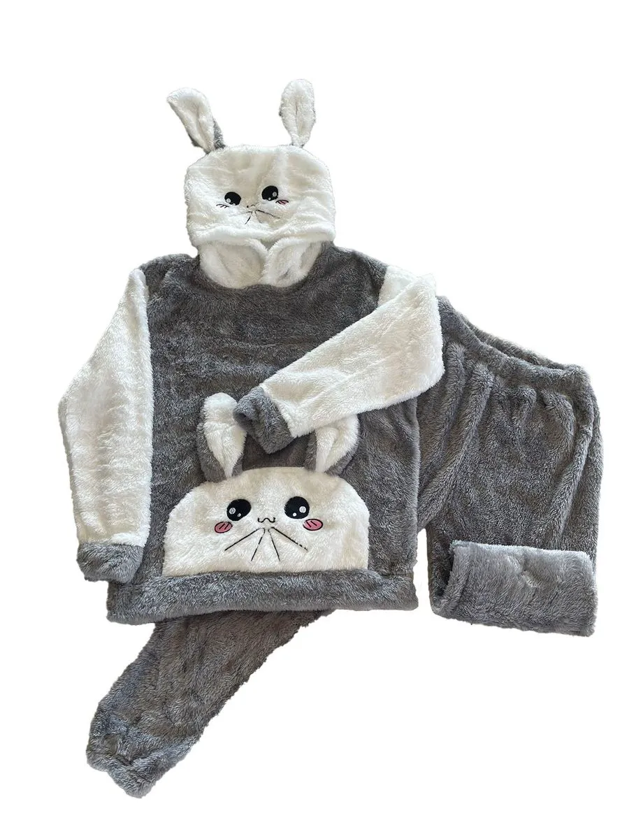 Girls Teen Fluffy Winter Bunny Pajamas Set - Grey, White
