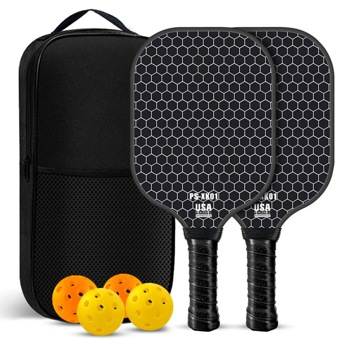Carbon Fiber Pickleball Paddle Set -2 Paddles, 4 Balls, 13mm Honeycomb Core