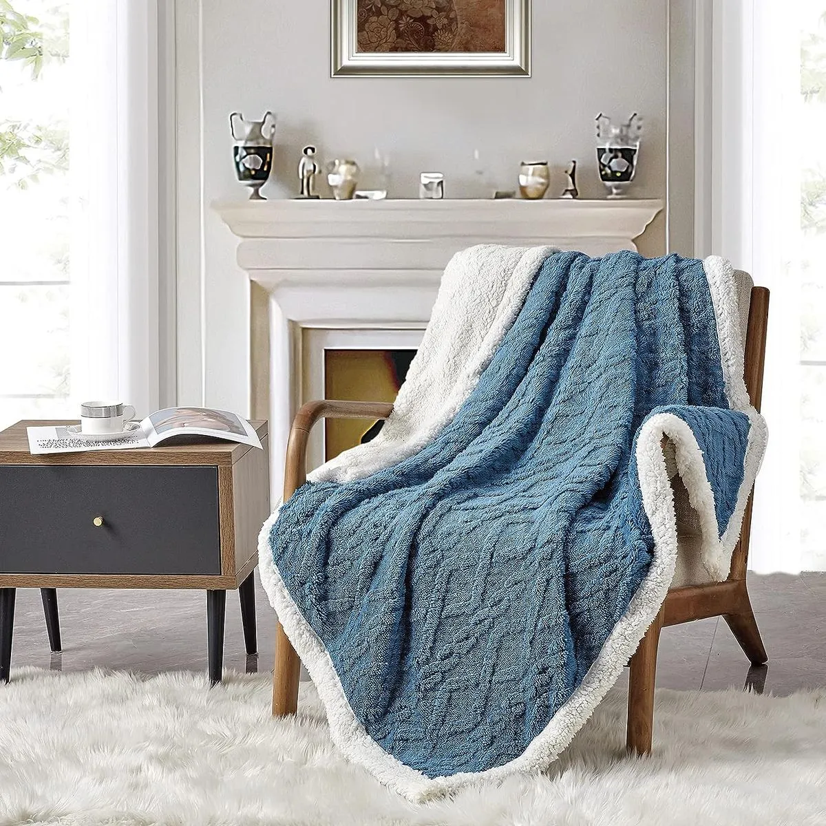 Cozy Cable Knit Warm Winter Sherpa Fleece Throw Blanket - Reversible - Blue