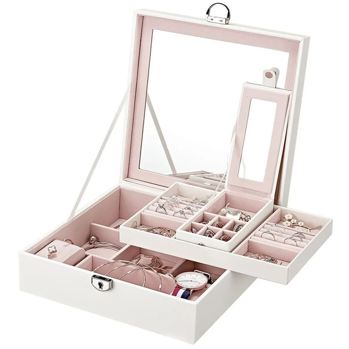 Jewellery Box Organizer 2 Layer PU Leather Case with Mirror for Women