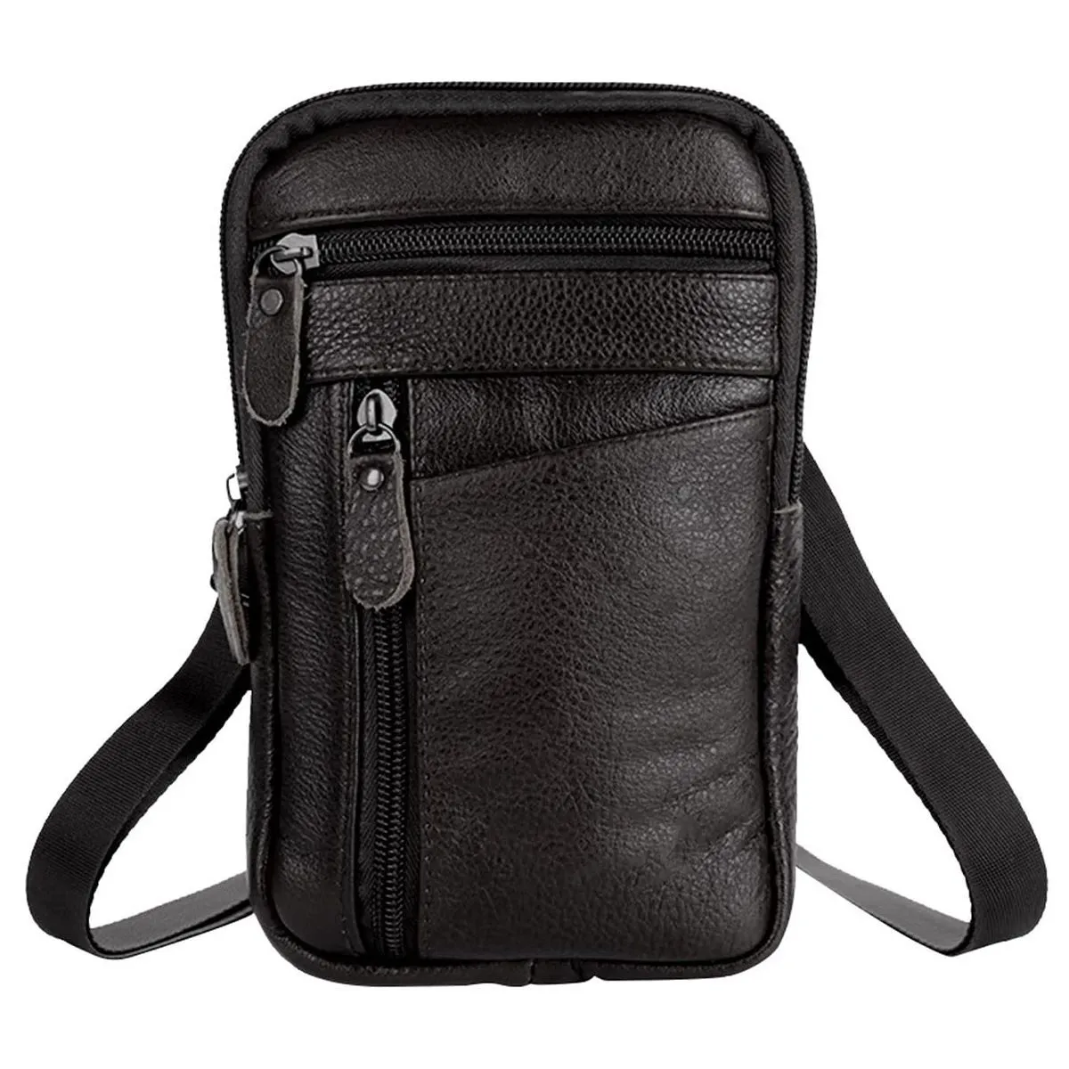 Men Casual Leather Shoulder Messenger Small Bag Flap Over Purse Father Gift - Black
