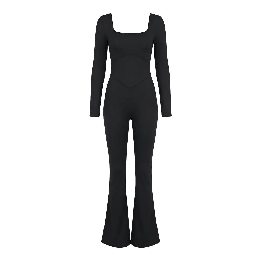 Elegant Long Sleeve Flare Leg Jumpsuit - Slim Fit High Waist Bodysuit