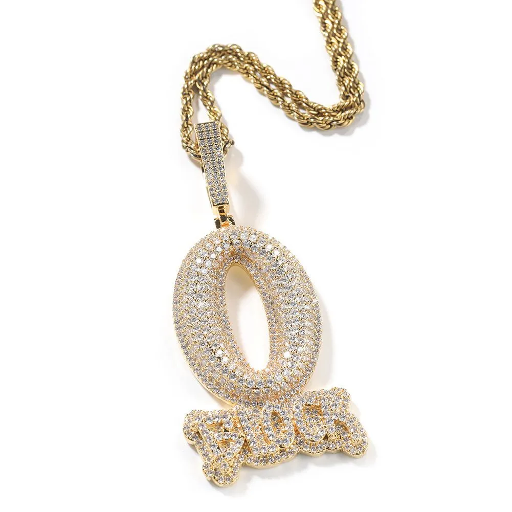 Men's Hip Hop O BLOCK Zircon Pendant Necklace - Gold pendant + 3mm24inch twist chain