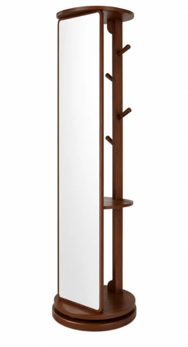 Ziyane Brown Wood & Glass Rotating Mirror Coat & Hat Rack