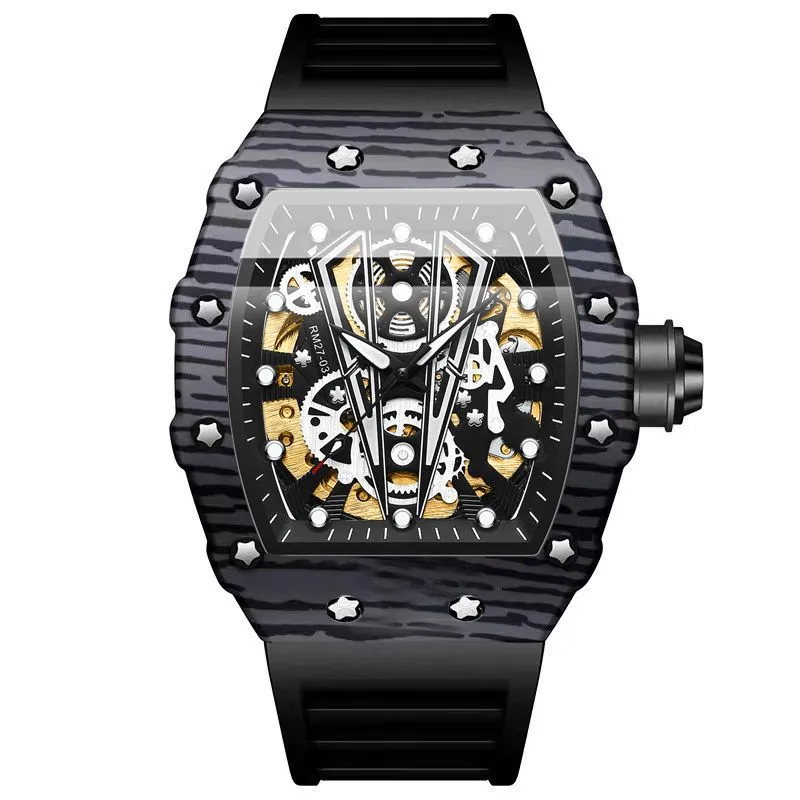 Men Automatic Mechanical Watch Silicone Strap Luminous Casual Wristwatch - Black