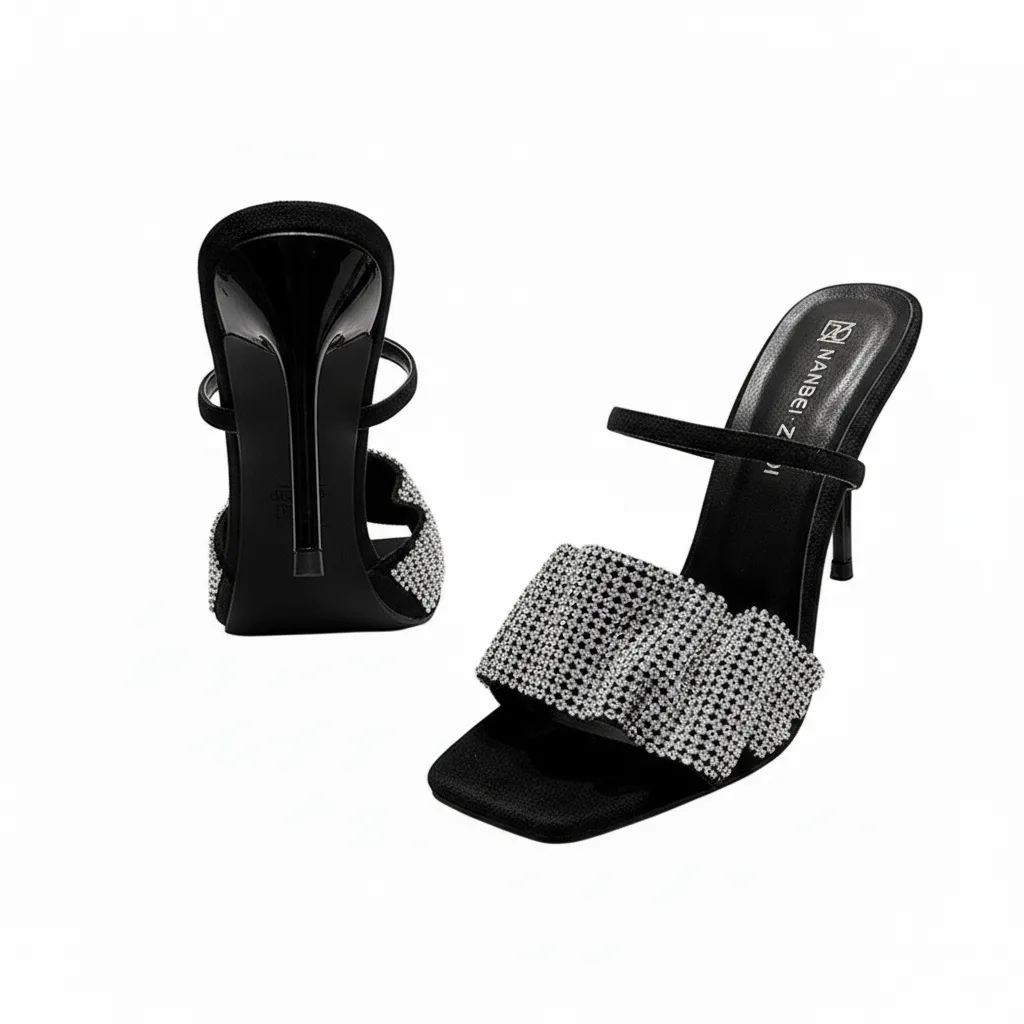 Women's Rhinestone Ruched Square-Toe Mule Heels With Slim Heel - Black