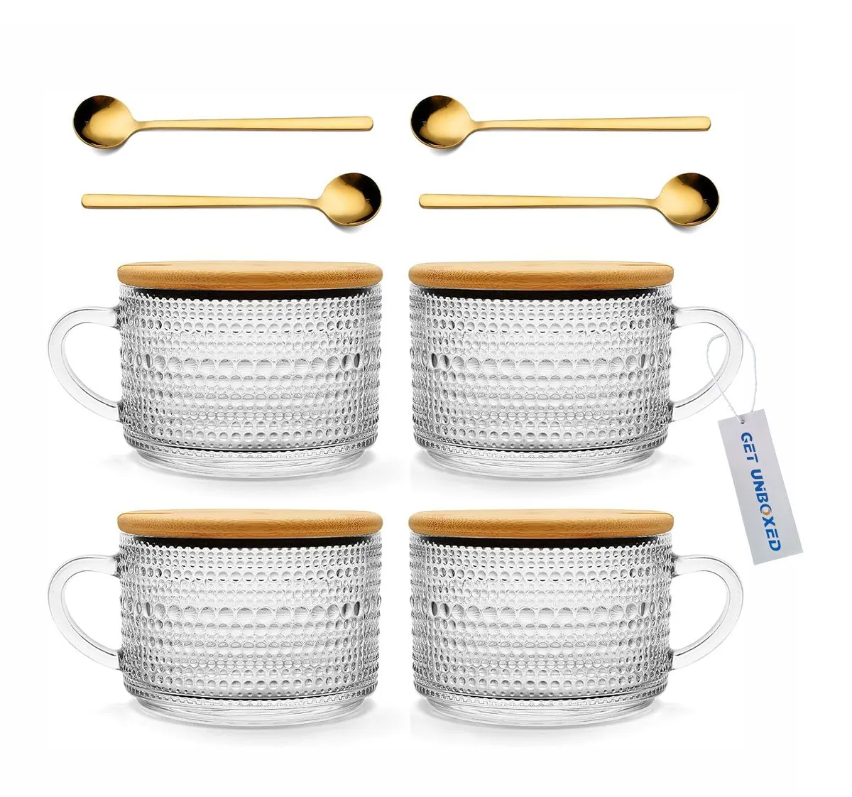 GET UNBOXED Glass Coffee Mugs Embossed Glass Cups with Lids Spoons - 4 Pack - Embossed Beads