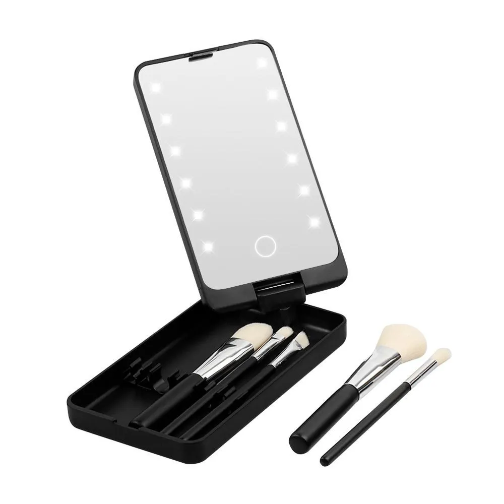 Portable LED Folding Makeup Mirror with Storage Brush Holder