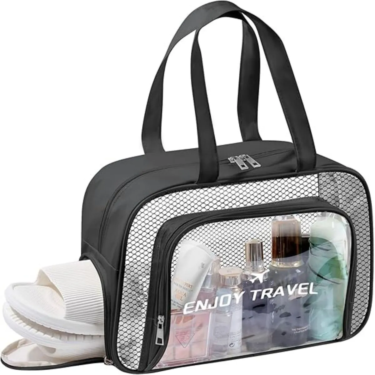 PVC Travel Tote, Large Clear Travel Bags with Shoe Compartment - Black