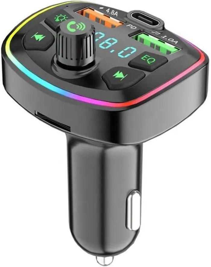 Q7 Bluetooth FM Transmitter with RGB LED Lights, Car Charger with Dual USB