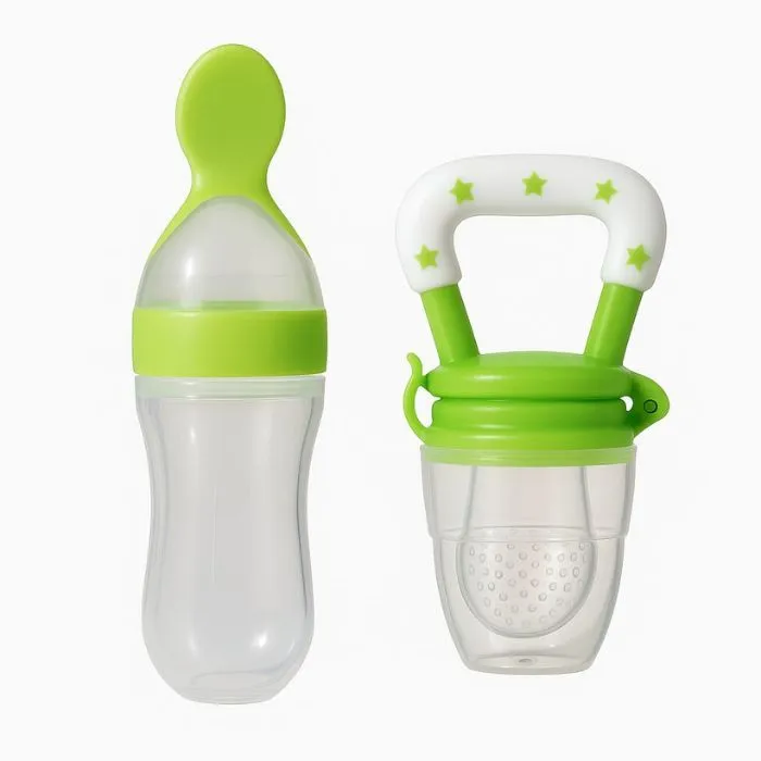 Silicone Baby Feeding Set - Squeeze Bottle & Fruit Feeder Pacifier - Green