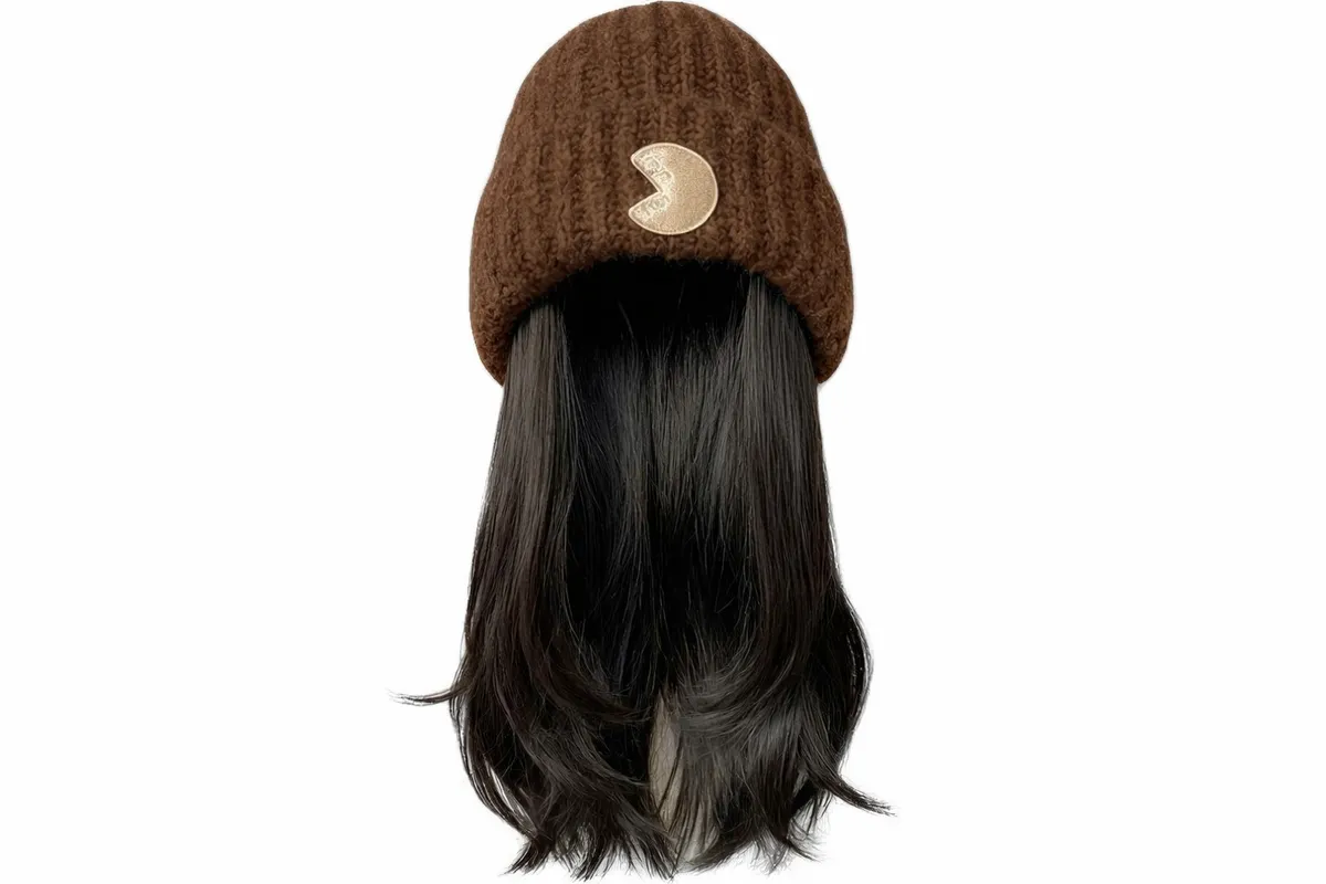 Cable Knit Beanie Wig with Long Wavy Hair - Coffee