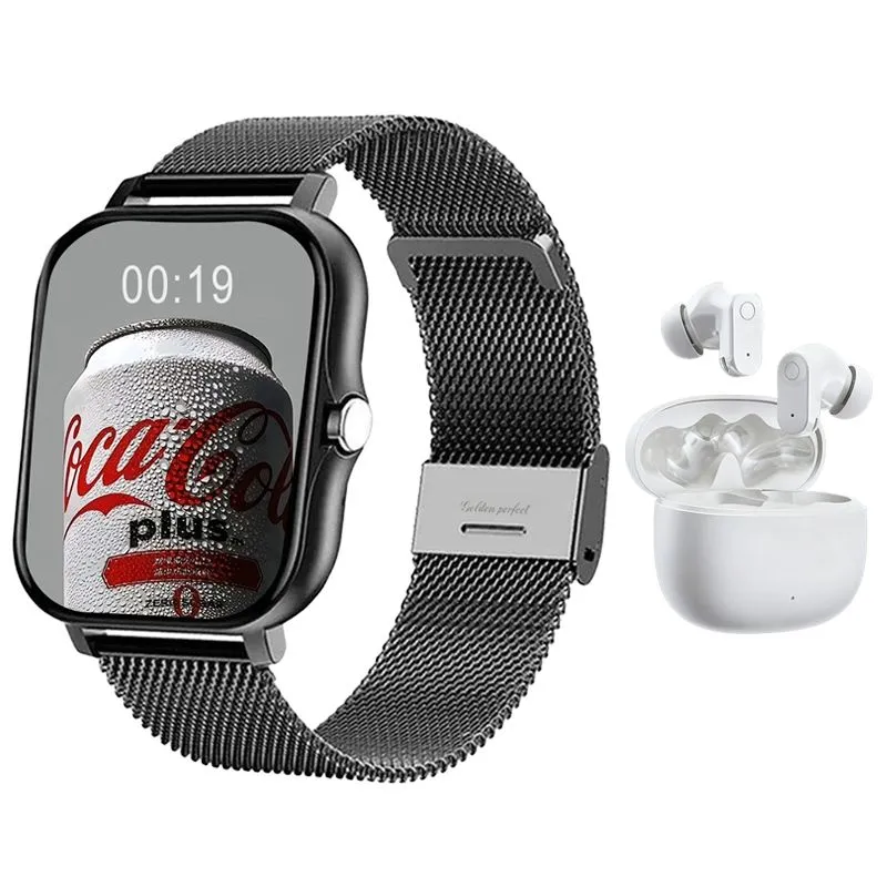Men's Black Dual Strap Smartwatch & Auto-Pair Earphones - 1.83" HD