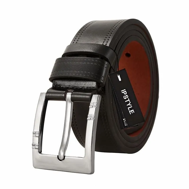 IPSTYLE Men Leather Belt Luxury Designer Alloy Pin Buckle Belts - Black