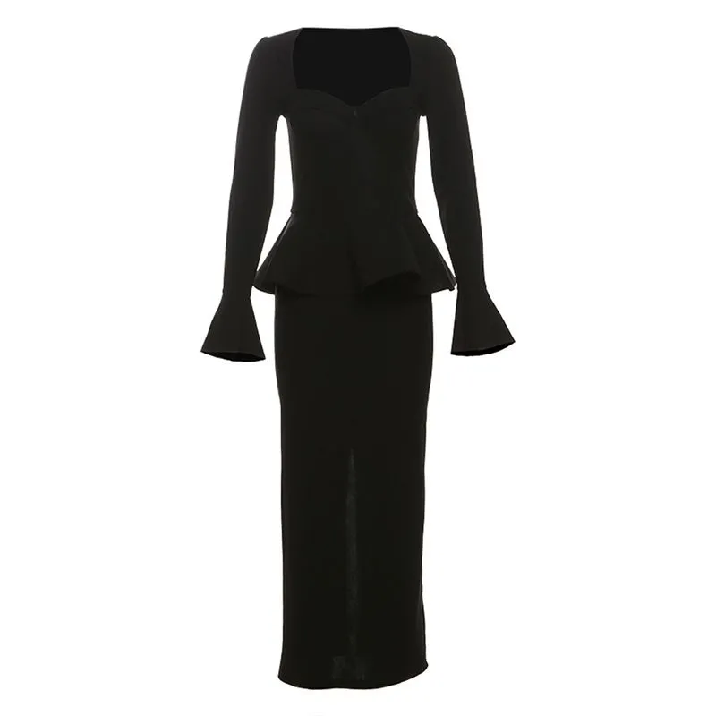 Elegant Solid Color Ruffle Waist Decoration Long Sleeved Dress