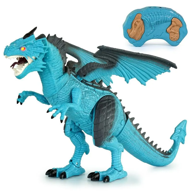 Remote Control Dragon - Walking Mist Spraying Dinosaur Toy - Blue