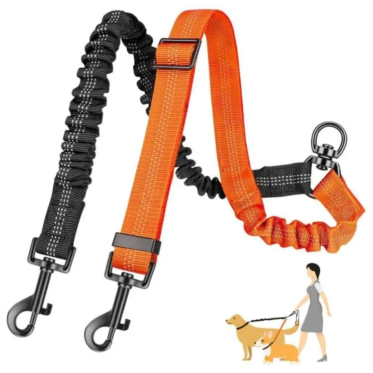 Reflective Double Dog Leash Splitter - Shock-Absorbing & Tangle-Free - Orange, Black