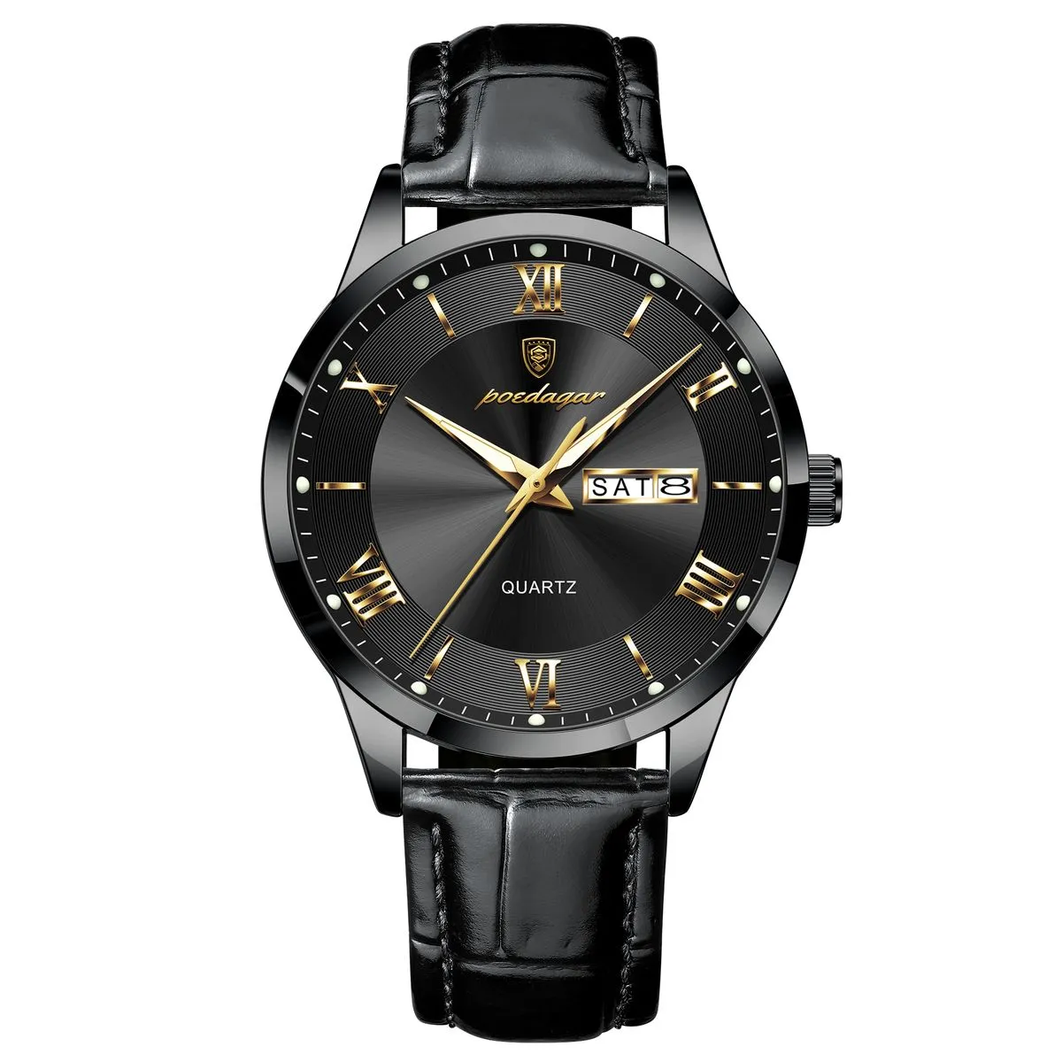 978 Poedagar Fashion Men Watches Leather Waterproof Luminous Business - Black, Gold