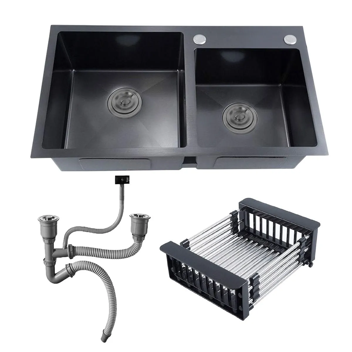 Double Bowl Kitchen Sink with Downpipe and Drain Basket - Black