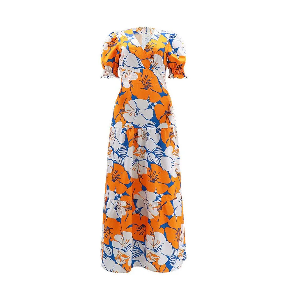 Floral V-Neck Dress With Puffed Sleeves, Fitted Waist, And Patchwork Design