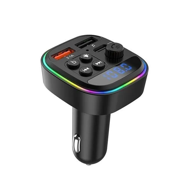 Car Bluetooth FM Adapter with Dual Type-C 5V3A Fast Charging & Colorful LED