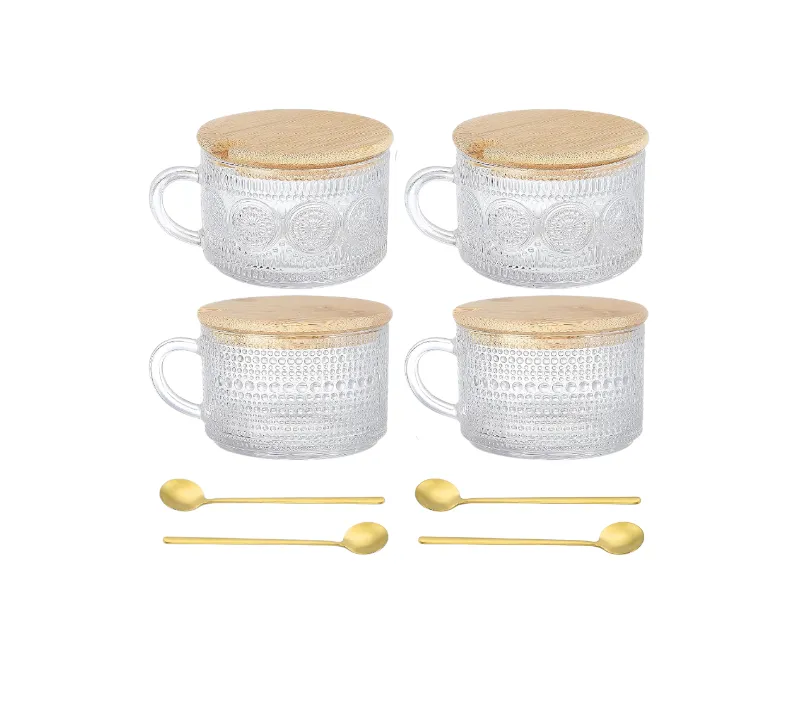 Vintage Serving Mugs Set of 4 Glass Cups with Bamboo Lids and Spoons