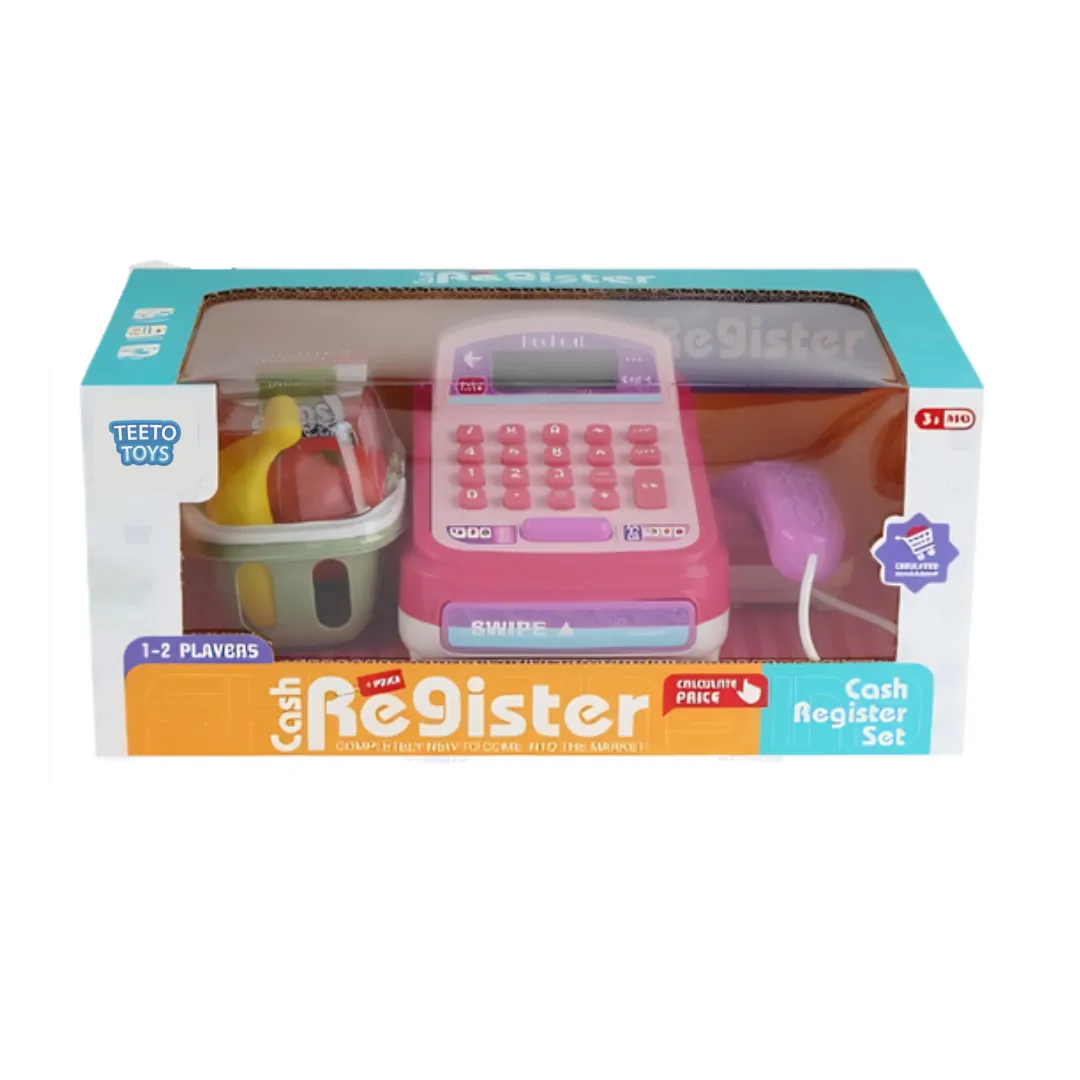 Pink Toy Cash Register Set with Scanner, Play Money & Groceries for Girls