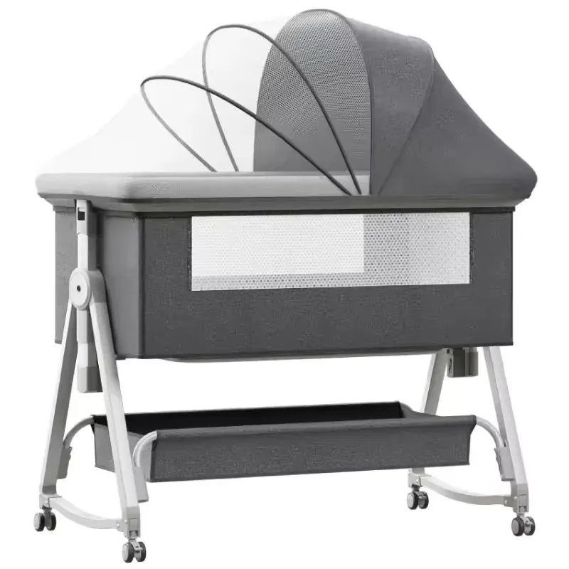 Multifunctional crib 6-level adjustable high-quality baby cradle - Grey