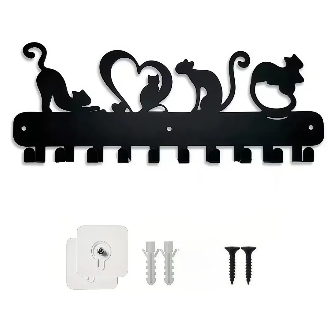 Cat Silhouette Metal Key Holder 10 Hooks Wall Mount For Entryway