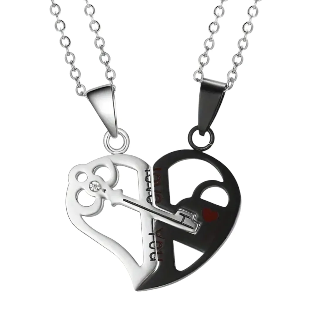 Eternal Key & Heart Duo Set of StainlessSteel Heart Key Pendant Necklaces - Black, Silver