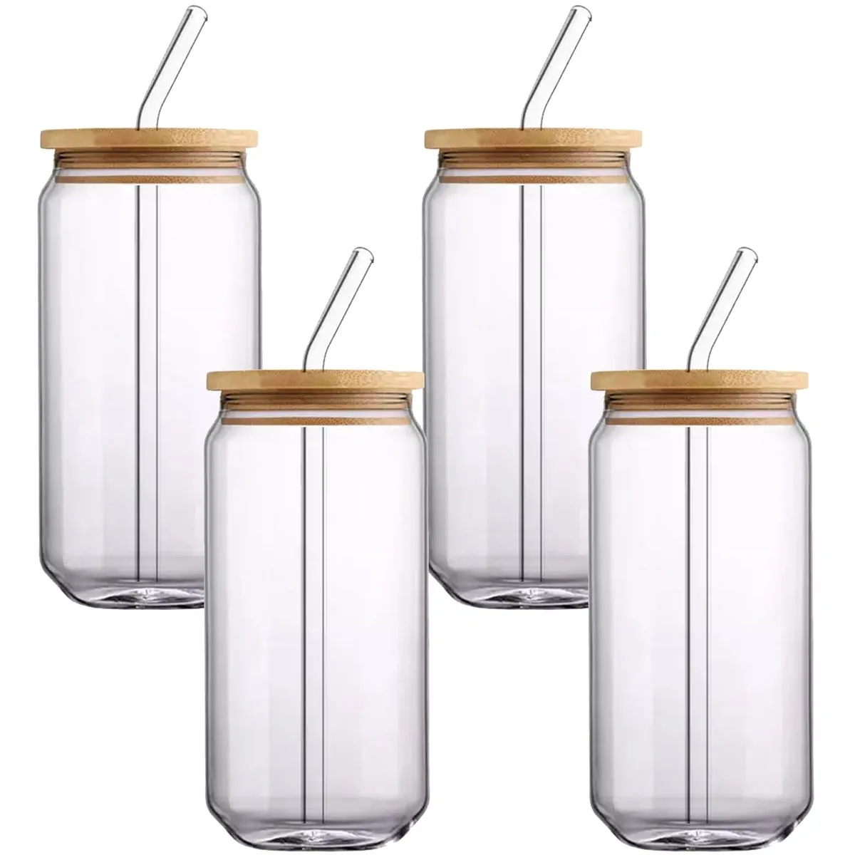 Set Of 4 Drinking Glasses With Bamboo Lid And Glass Straw
