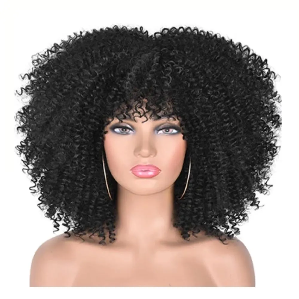 Toy Cosplay Beauty Afro Kinky Curly Wig with Bangs Costume Party 35cm - Black