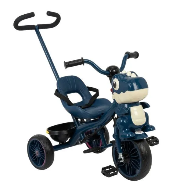 Blue Dinosaur Baby Tricycle with Push Handle 3 Wheel Toddler Bike