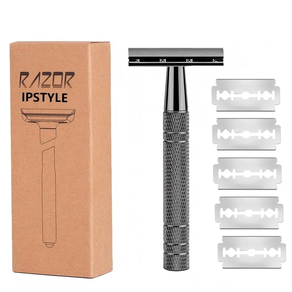 IPSTYLE Double Edge Shaving Razor - Premium Safety Razor - 5 Blades - Grey