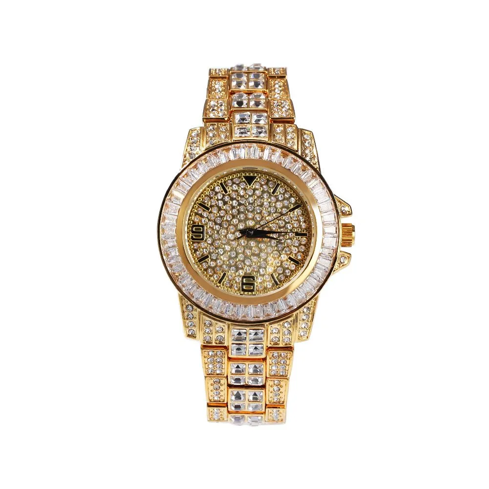 Large Round Watch With Step-Cut Diamonds - Gold