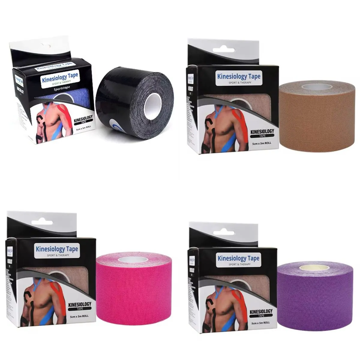 Kinesiology Tape 4 Rolls-Pink/Black/Khaki/Purple