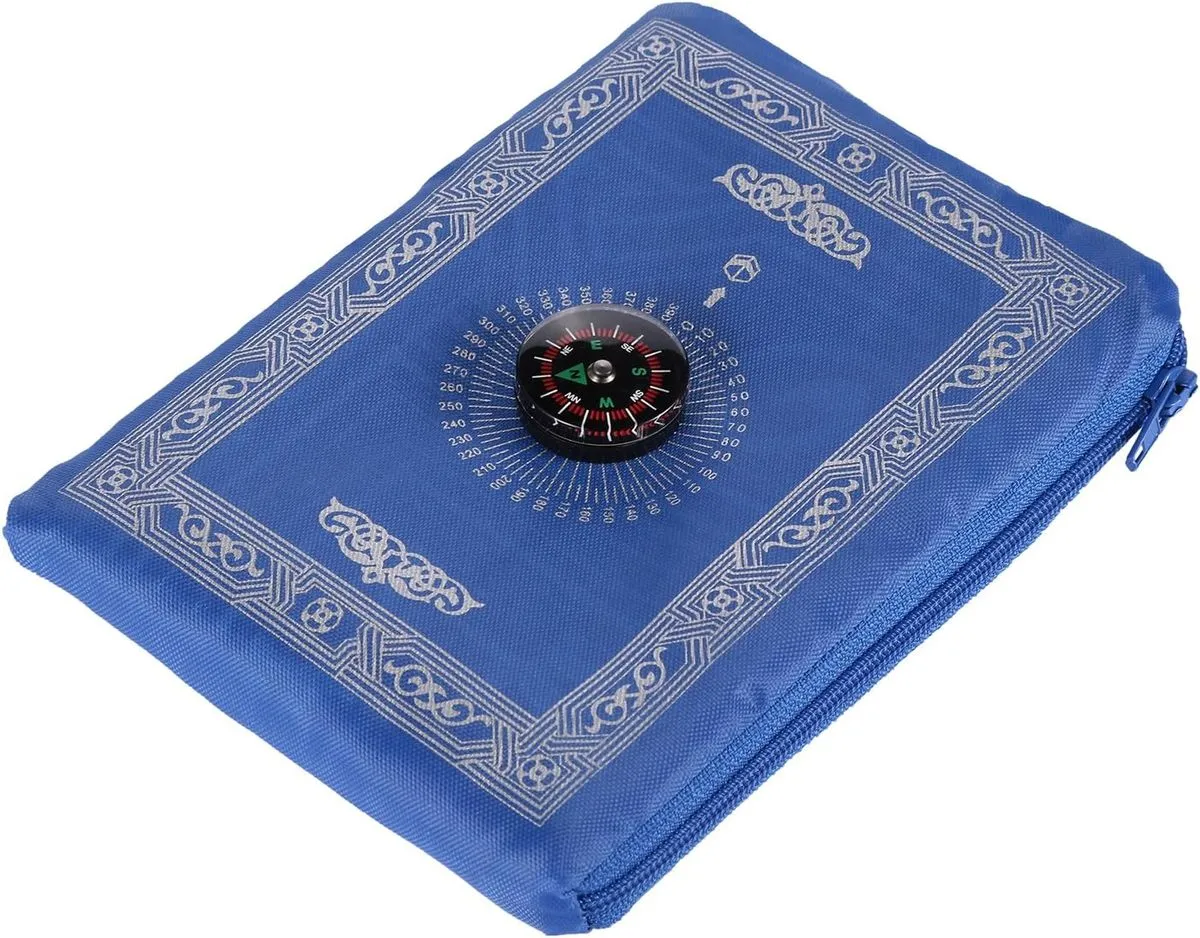 Pocket Prayer Mat in Zipped Case with Qibla Compass Attached - Blue