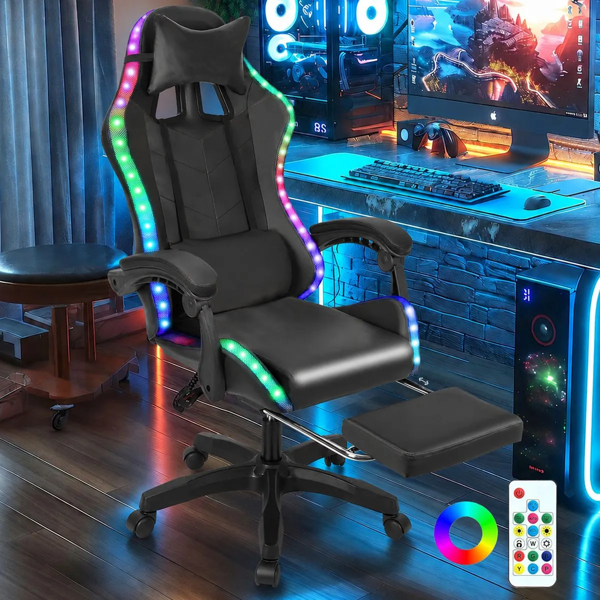 Ergonomic Gaming Chair with Footrest LED RGB Office Chair Computer Chair - Black