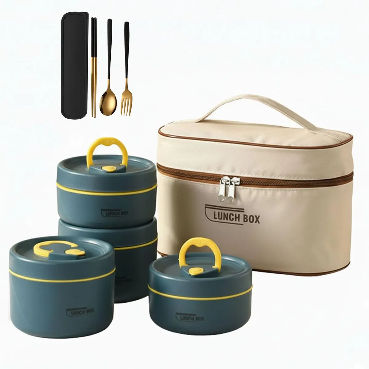 Portable Insulated Lunch Container Set, 4 Tier Separate Stackable