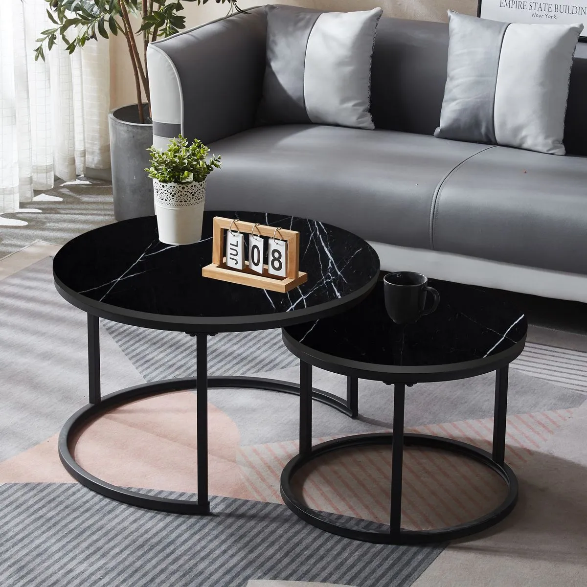 Nesting Coffee Table Round End Table Set of 2 Wooden Stacking Side Tables - Black